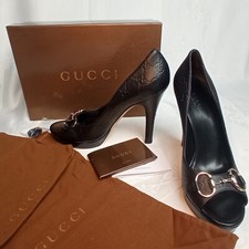 NewWB Gucci Guccissima GG monogram black leather horsebit peep toe pumps 39,5EU
