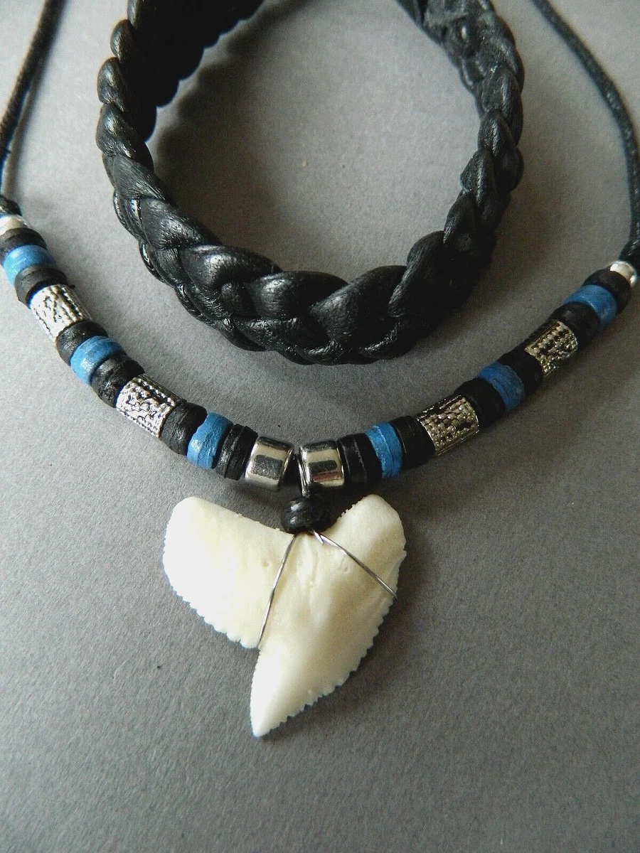 Mens Blue Necklace Shark Tooth Replica Pendant Boys Tiger Wolf