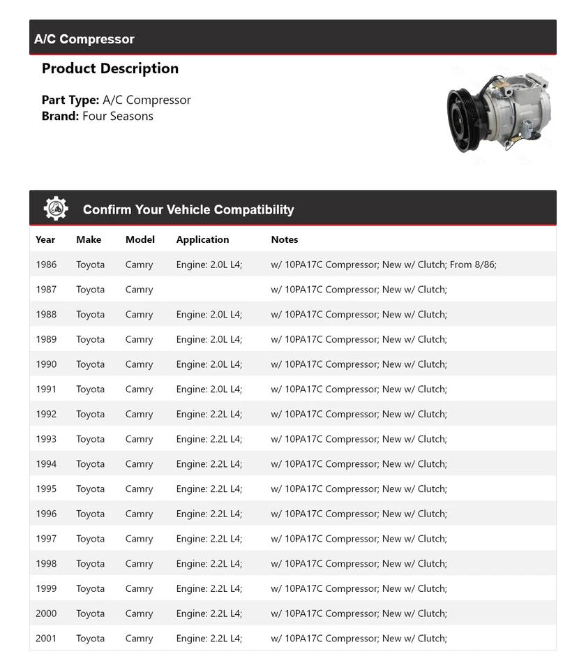 Compresor de aire acondicionado para Toyota Camry 1986-2001 4 estaciones 1987 1988 1989 1990 1991 Foto 2 de 4