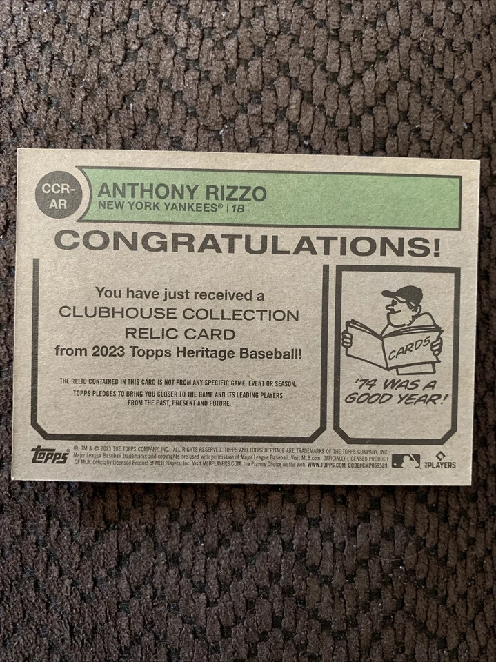 2023 TOPPS HERITAGE ANTHONY RIZZO CLUBHOUSE COLLECTION RELIC CARD No.CCR-AR GEM - Image 4 of 4
