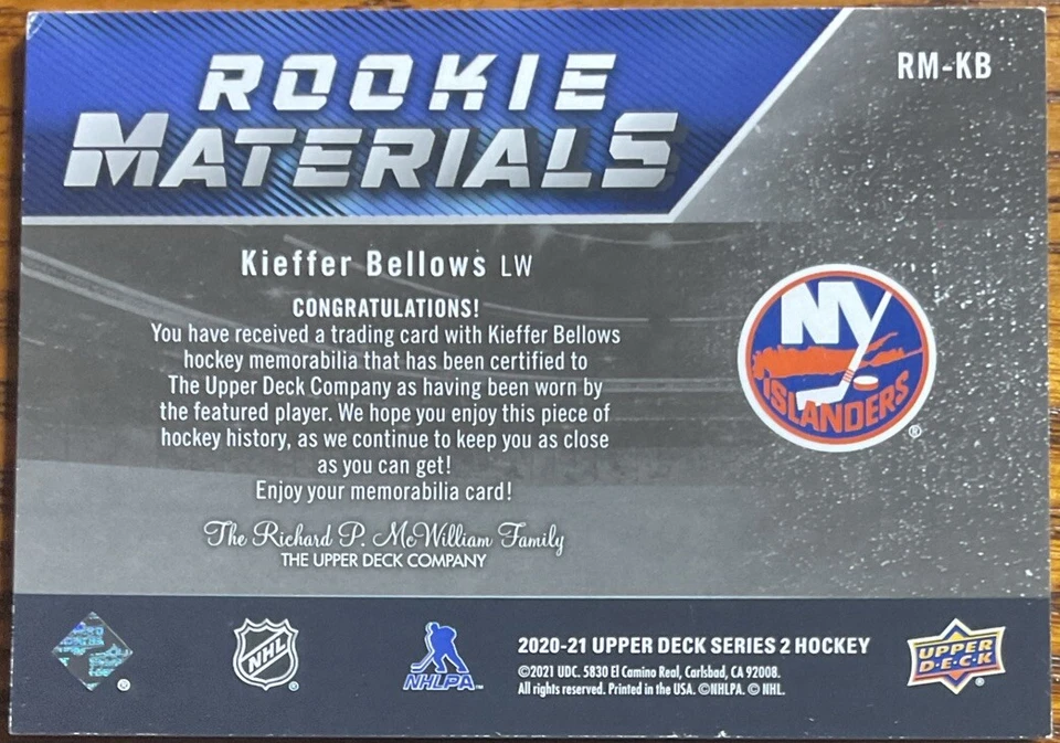 2020-21 Upper Deck Rookie Materials Kieffer Bellows #RM-KB New York Islanders - Image 2 of 3