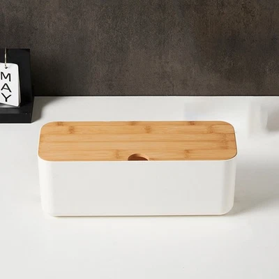 Boîte de rangement en fil plastique ABS avec couvercle en bois pour organisatio - Photo 1/4