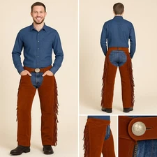 Whitman Leather Western Fringe Batwing Chaps Unisex Rust Suede Rodeo Horse USA