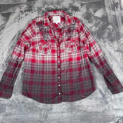 Maurices Premium Fitted Red Plaid Studded Button Down Shirt Sz 2 Plus Western