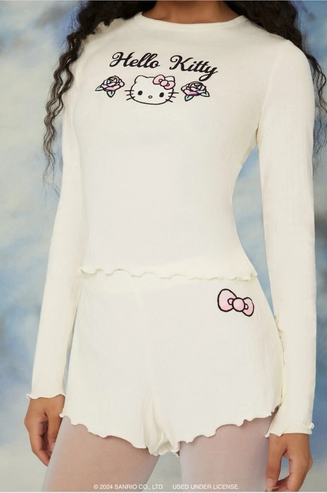 Sanrio Oficial Hello Kitty Pijama Dormir Kawaii Top y Pantalones Cortos, Mezcla de Algodón XS Foto 3 de 4