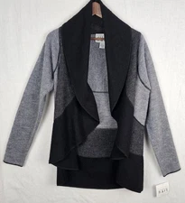 Keren Hart 100% Wool Open Cardigan Sweater Womens Large Black Gray Colorblock