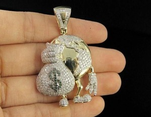 Authentic 2.40Ct Round Cut Real Moissanite Globe Money Bag Pendant 14K Yellow Gold Plated