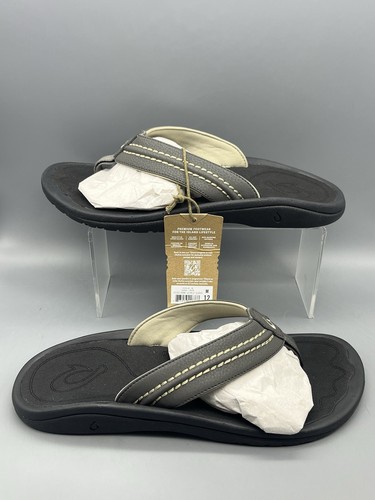 OLUKAI Hokua Men’s Size 12 Flip Flop Beach Thong Water Sandals Black Gray NWT!