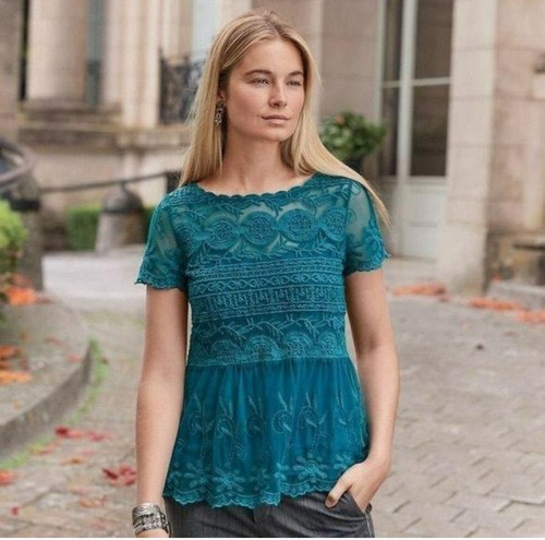 SUNDANCE Sense of Wonder Embroidered Teal Lace Lace 2Pc Sheer Tee Cami Blouse S