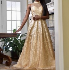 Gold Sequin Long Formal Evening Gown Prom Pageant Dress Sleeveless A-Line