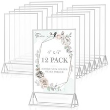 12 Pack Acrylic Sign Holder 4 x 6, Double Sided Silver Picture Frame Stand up...