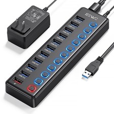 11 Port Powered USB 3.0 Hub 10 Data 1 Smart Charging 12V/3A Power Adapter