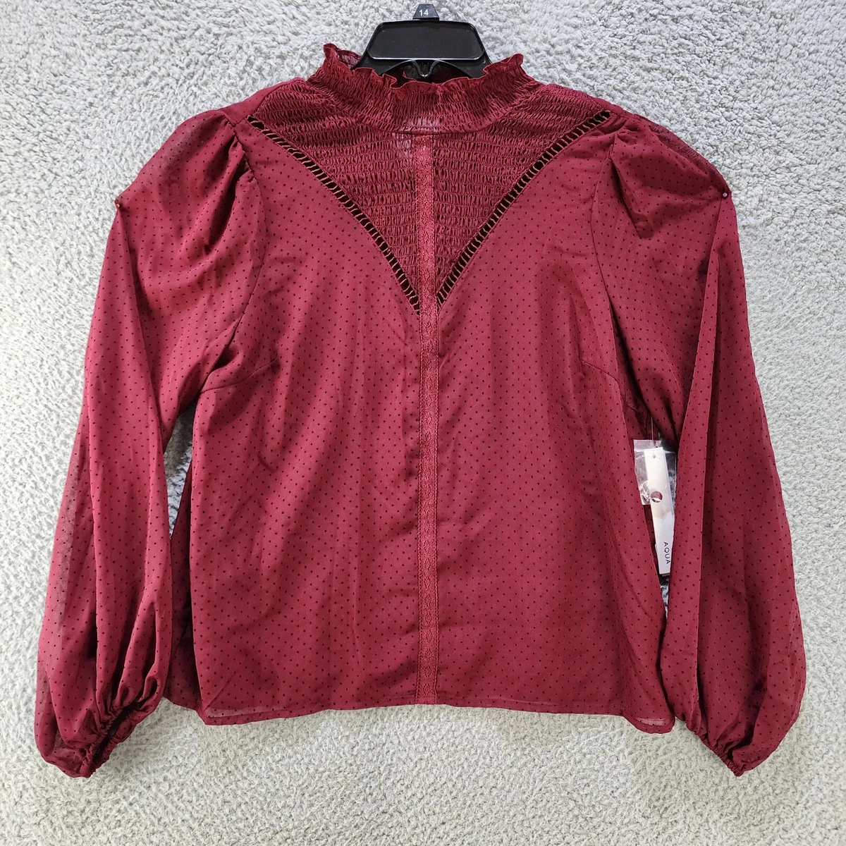 Aqua Prairie Mock Neck Top Women's S Burgundy Polka Dot Smocked Long Sleeve~