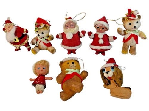8 Vintage Flocked Christmas Ornaments Lot 1950s-60s Santa Bear Japan Hong Kong