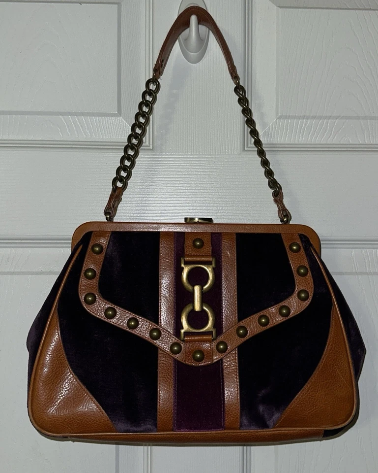 VINTAGE ISABELLA FIORE  Leather, Brass & Velvet SHOULDER HANDBAG EUC RARE - Image 2 of 4