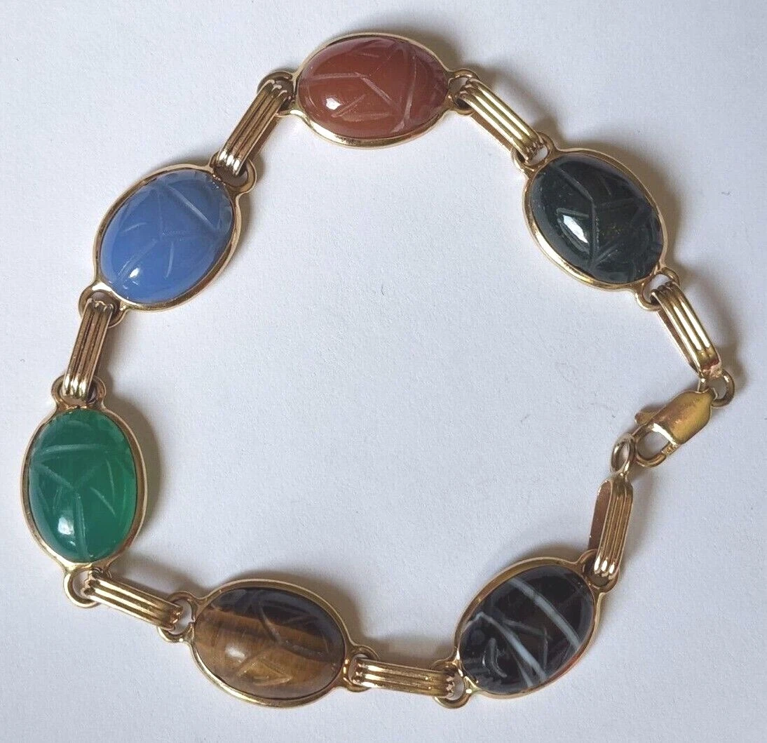 Vintage Scarab Bracelet - Semiprecious Stone Sterling Silver Carved Beetle  - Signed Binder Bros - 1940s Vintage Jewelry - 7.5 inch 9.4 grams