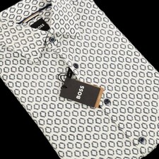 HUGO BOSS Mens White Navy Geometric C-HAL Cotton Jersey Long Sleeve Shirt 15 NWT