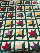 PATCHWORK Quilts 2 Vintage PAIR of Tulip Pattern W/Green Border Twin/Full