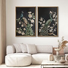 Wall26 Peacock and Blossoms Vintage Animal Modern Framed Canvas Print Set of 2