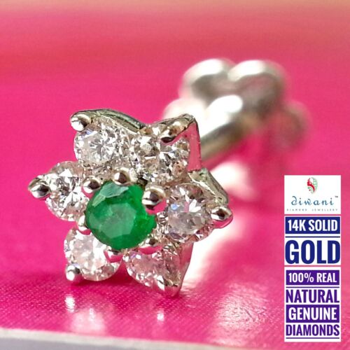 Real Diamonds & Emerald Flower Nose Pin Lip Labret Piercing Ring Stud Screw 14k - Picture 1 of 12