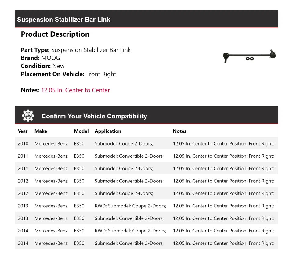 Переднее правое звено стабилизатора подвески для Mercedes-Benz E350 2010-2014 годов выпуска MOOG - Изображение 2 из 4