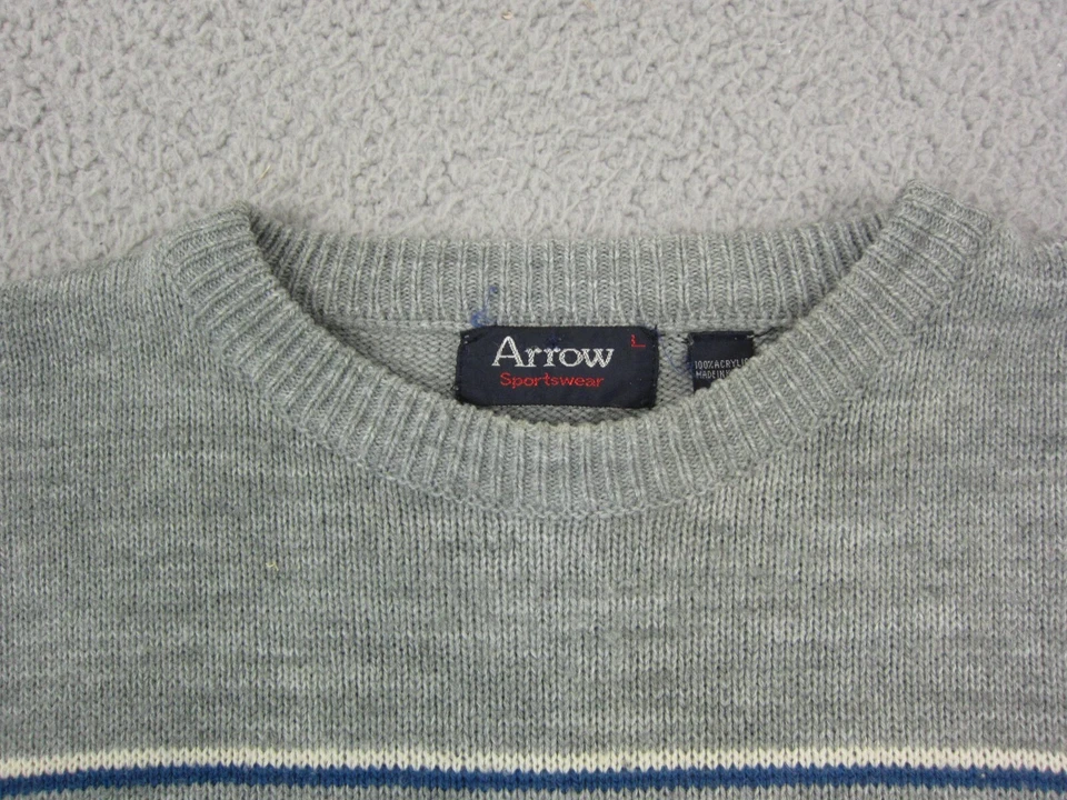 Vintage Arrow Sweater Mens Large L Gray Striped Acrylic 80s 70s Preppy Colorful - Image 4 of 4