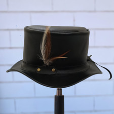 Leather Steampunk Black Top Hat Feather Band Gothic Victorian Costume Accessory