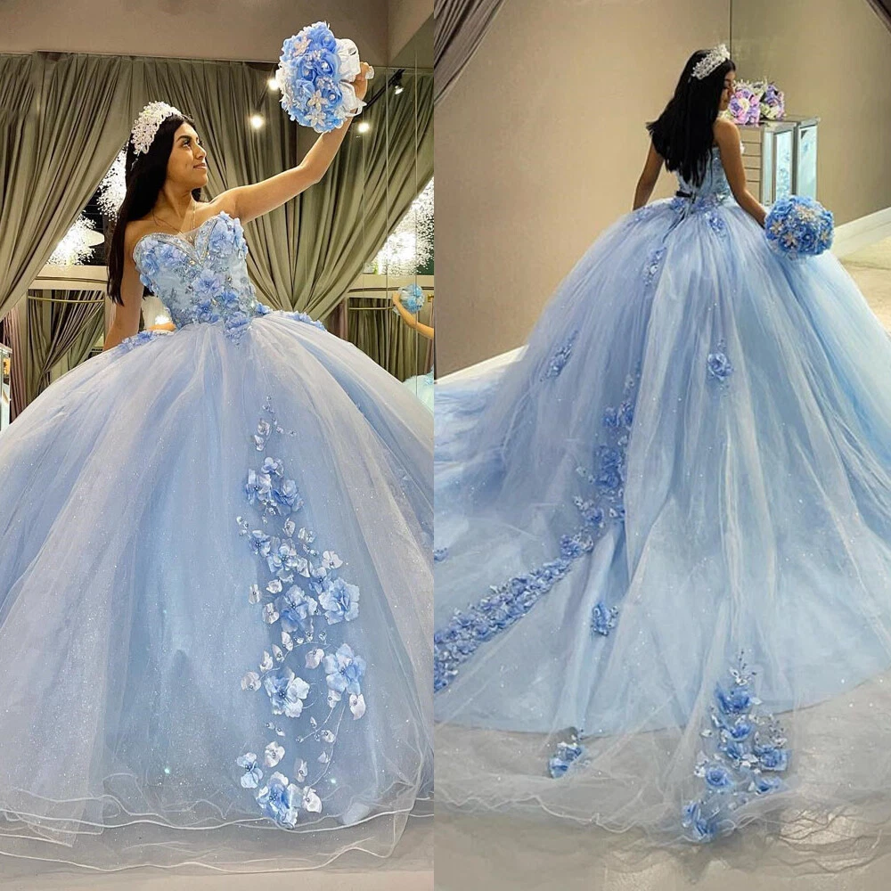 Winter Wonderland Blue Ball Gown Quinceanera Dress Blue Tulle Lace