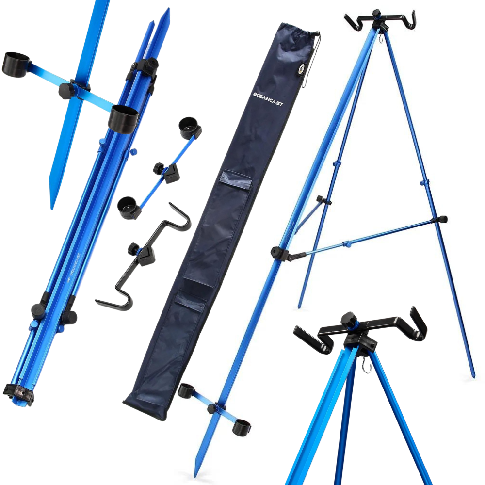 NGT SEA FISHING TRIPOD BEACH ROD STAND SALT SEA FISHING RODS REELS BLUE  7ft
