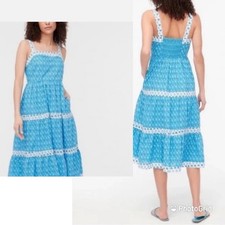 NWT J Crew Blue White Print Smocked Tiered Midi Dress Size 20