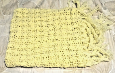 Handmade Vintage  26 X 66  Yellow Afghan Blanket with Gold Threads and Fringe