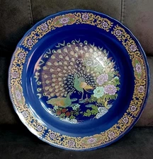 Vintage Large Moroccan TAOUS Blue Hand-Painted Porcelain Peacock Plate 16 Inches