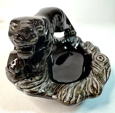 Mid-Century Jaguar Black Panther Prowling Ceramic Ashtray MCM Japan Vintage