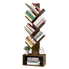 Tree Bookshelf - 6 Shelf Retro Floor Standing Bookcase, Tall Wood Book Storag...