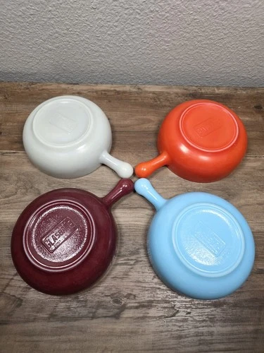 Vintage MCM Glasbake Soup Multi Color Bowls With Handle Lot Of 4 Made USA