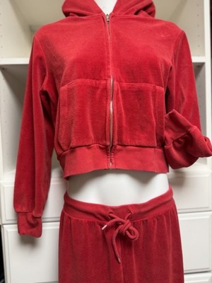 ShoeDazzle Red Velour Cropped Zip-Up Hoodie & Flare Pants Tracksuit Set Size M