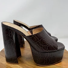 Schutz Brown Croc Embossed Platform Block Heel Mules Size 9.5B