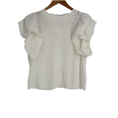Three Pears Womens Top Small White Ruffled Puff Sleeves Cottagecore Twee Preppy