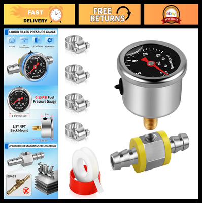 #ad Inline Fuel Pressure Gauge Kit 1 8quot; NPT 0 15 PSI Glycerin Filled Stainless St $35.09
