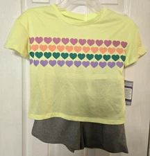 Extremely Me Girls 2-Pc Grey Waffle Sleep Shorts & Yellow Tee w/Hearts 7/8 NWT