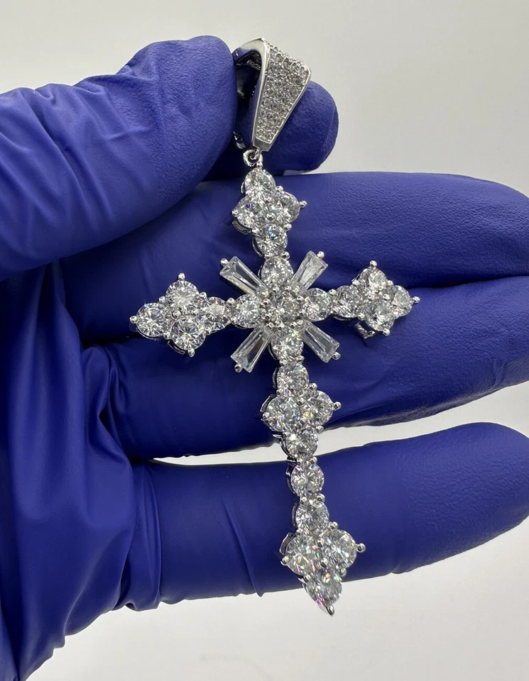 UNIQUE 925 STERLING SILVER BAGUETTE CZ 3D SILVER CROSS PENDANT 2.7” - Image 3 of 4