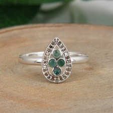 Pave Diamond and Emerald Gemstone Pear shaped 925 Sterling Silver Rings