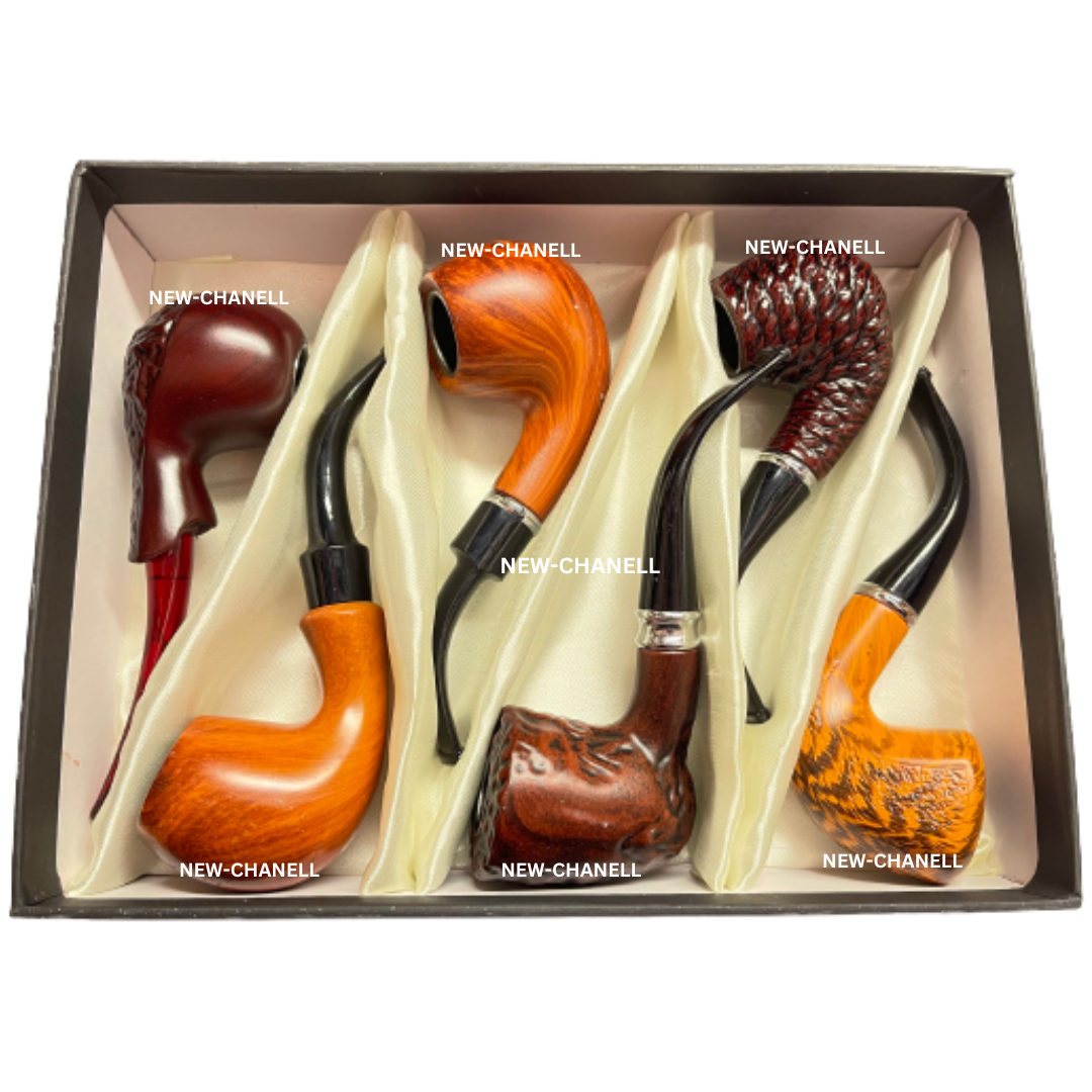 6pc Wooden Tobacco Smoking Pipe Set Gift Box Vintage Bent Pipes