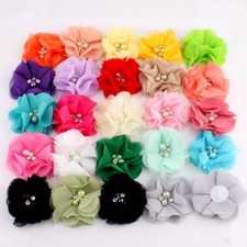 50PCS 2" 35 Colors Cute Chic Chiffon Flowers With Rhinestone Pearl
