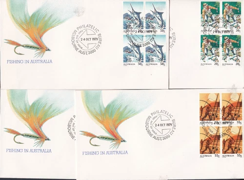 1979 FISHING IN AUSTRALIA FULL SET BLOCKS 4 DECIMAL STAMP FIRST DAY COVERS #A555