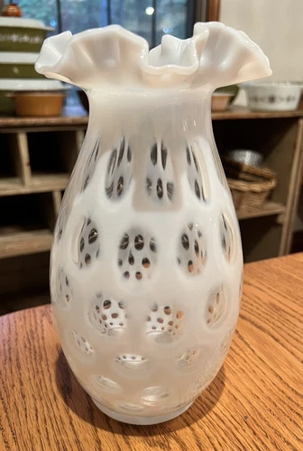 VERY RARE! Fenton French Opalescent Ruffled Edge White Coin Dot Vase 10” #101