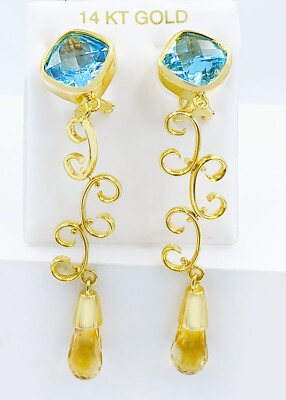 ECHTER BLAU & GELBER TOPAS OHRHÄNGER 14K MASSIV GOLD - Neu mit Etikett