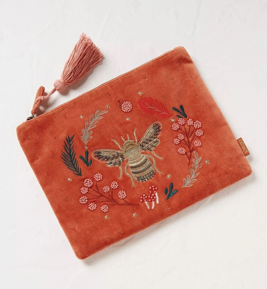 RRP £25 Fat Face Bee Wreath Velvet Pouch Dusky Orange UK