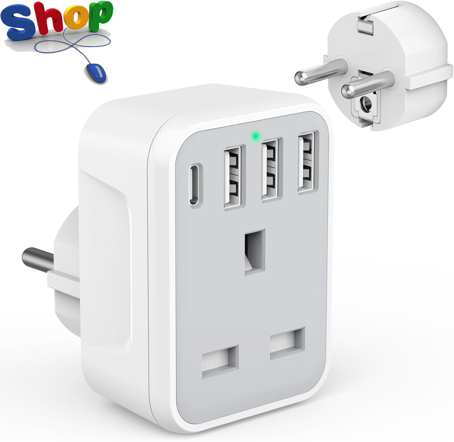 UK to European Travel Adaptor with 4 USB Ports(1 USB C), Grounded EU Euro Europe