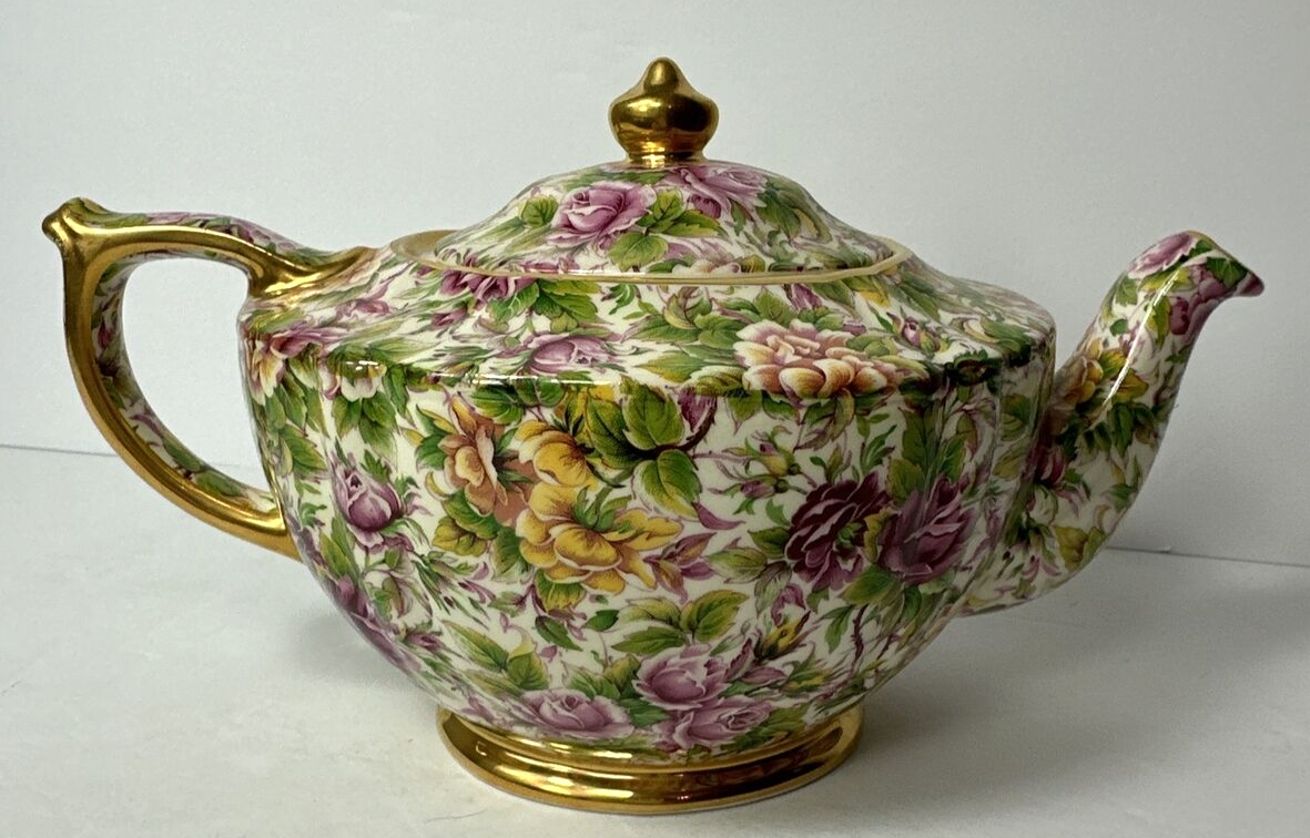 James Sadler Chintz Teapot England 5110 Rose Floral Gold Trim EC eBay